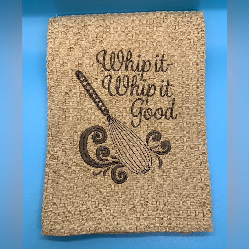 Whip It Good Tan Waffle Weave Machine Embroidered Kitchen Tee Towel